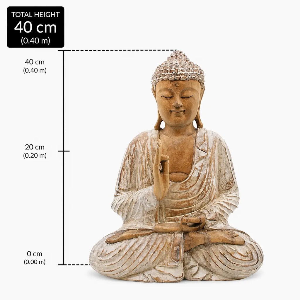 Buddha Statue Whitewash - 40cm Teaching Transmission showing a serene hand-carved resin Buddha seated in meditation with whitewashed detailing and a peaceful expression.