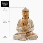 Buddha Statue Whitewash - 40cm Teaching Transmission features a hand-carved resin Buddha figure with a serene expression, whitewashed finish, and detailed robe folds in meditation pose.