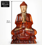 Hand Carved Buddha Statue - 80cm Welcome featuring a detailed wood finish with a peaceful seated Buddha in meditation pose, showcasing intricate robes and serene expression.
