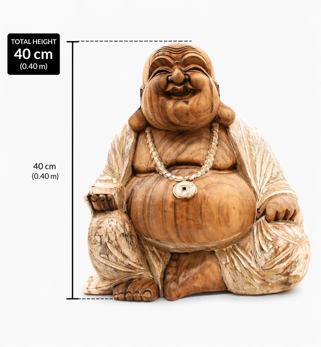Happy Buddha - Whitewash 40cm carved wooden Buddha statue with a joyful expression, featuring whitewash detailing and a beaded necklace, perfect for Buddha decor.