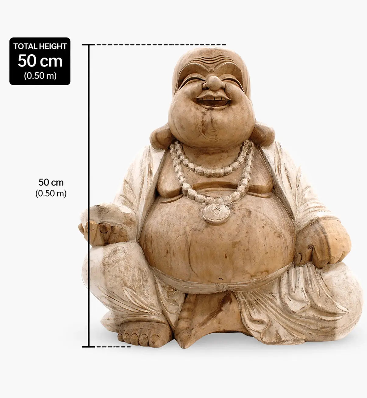 Happy Buddha - Whitewash 50cm is a hand-carved Buddha statue with a joyful expression, featuring detailed beads and robes in a whitewashed finish, ideal for peaceful decor.