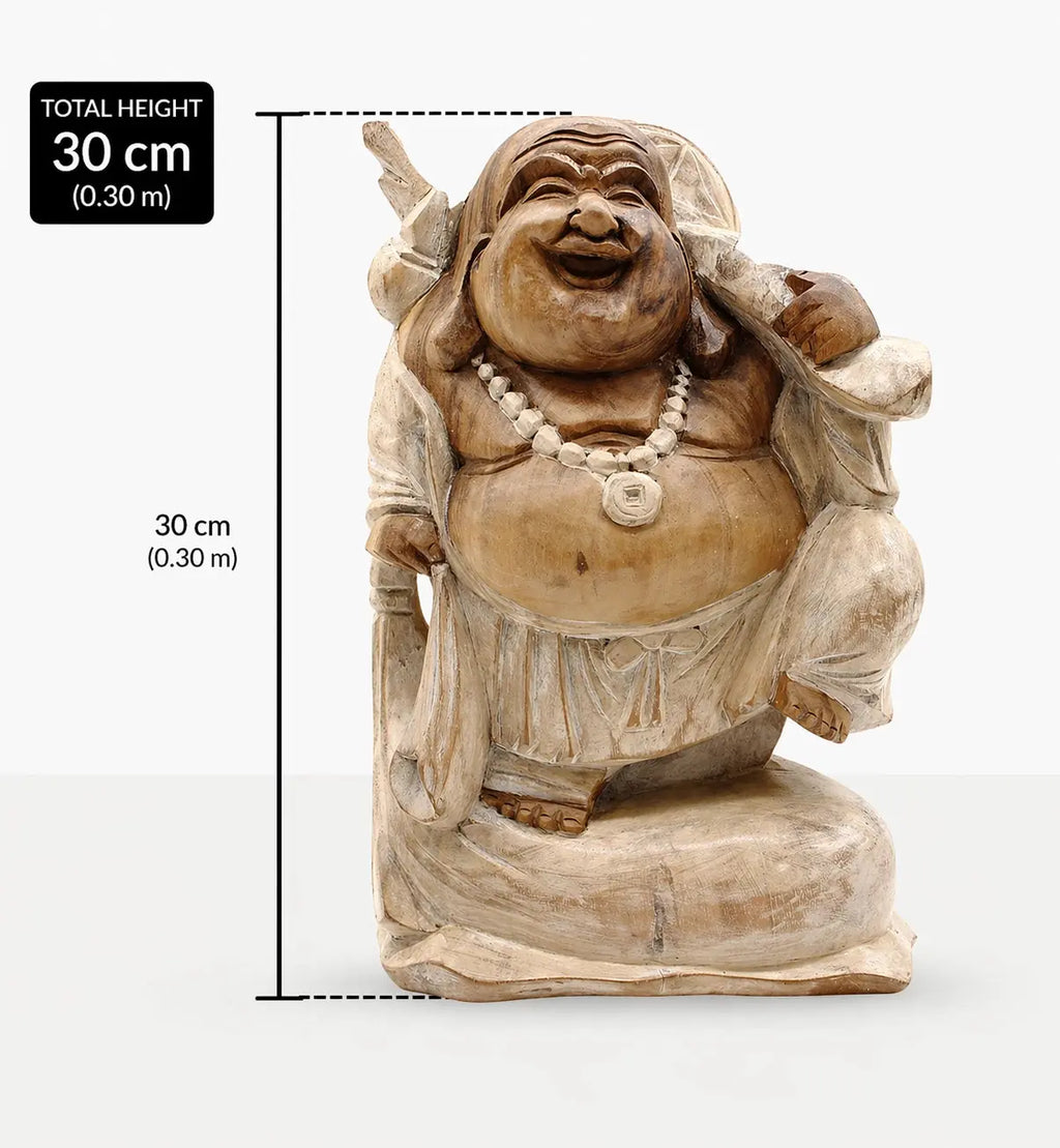 Happy Buddha Bring Wood - Whitewash 30cm statue made from carved wood with a whitewashed finish, depicting a joyful seated Buddha with detailed features and a beaded necklace.
