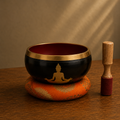 Large Buddha Tibetan Buddhist Singing Bowl Set- Black/Orange 14cm