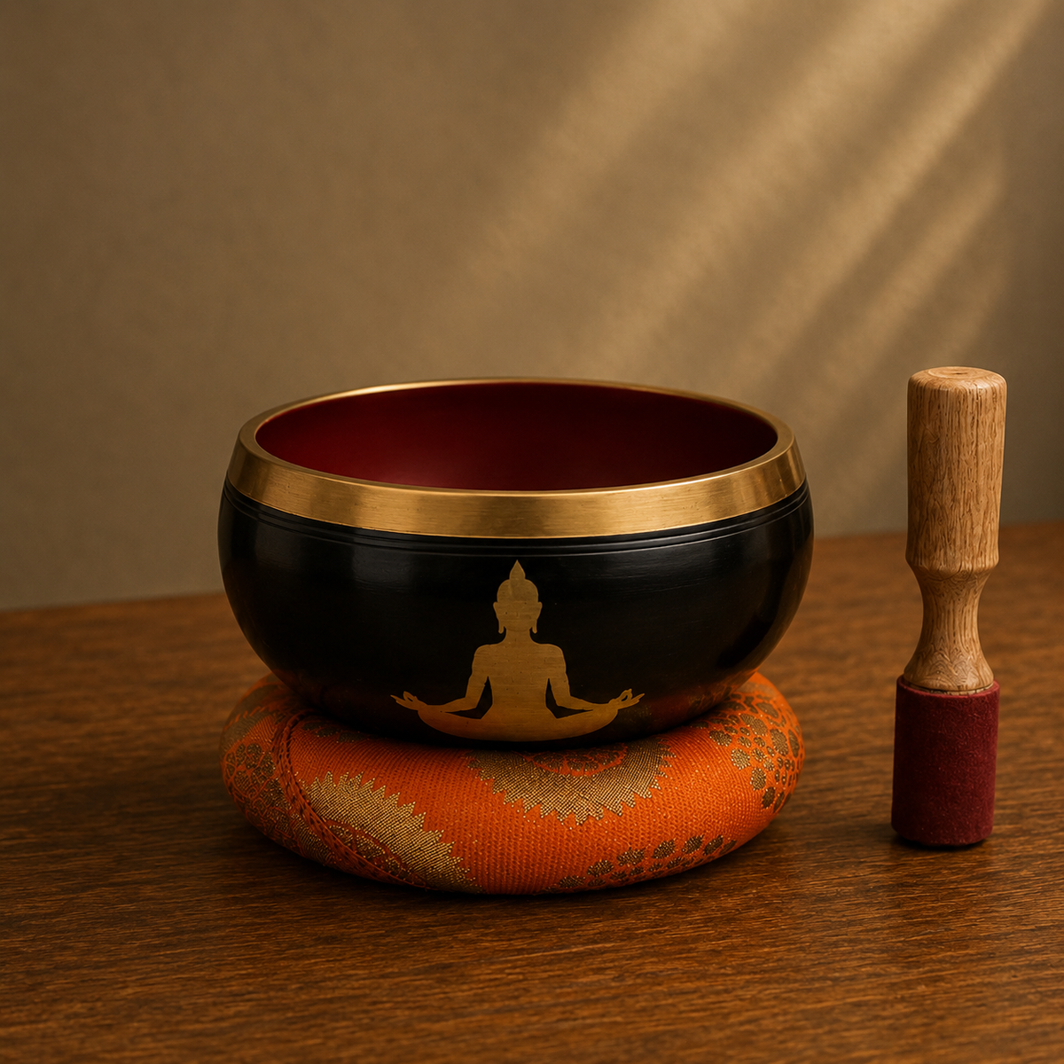 Large Buddha Tibetan Buddhist Singing Bowl Set- Black/Orange 14cm