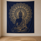 Double Cotton Bedspread + Buddha Wall Hanging Art Canvas - Blue Gold