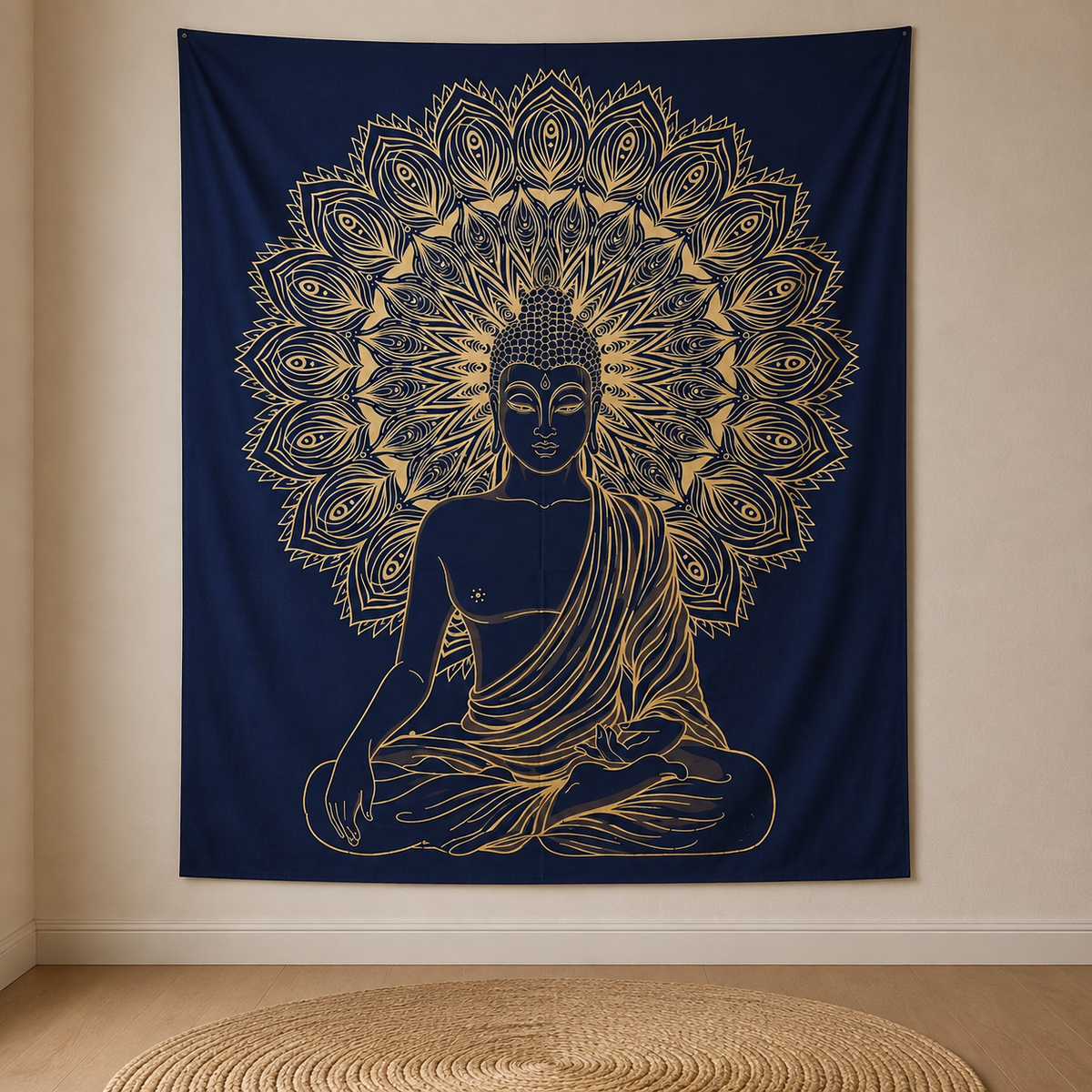 Double Cotton Bedspread + Buddha Wall Hanging Art Canvas - Blue Gold