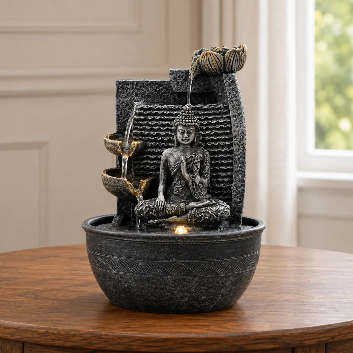 Buddha Tabletop Indoor Water Fountain Feature - 19x19x28cm - Buddha, Lotus Flower Cascading Potsx