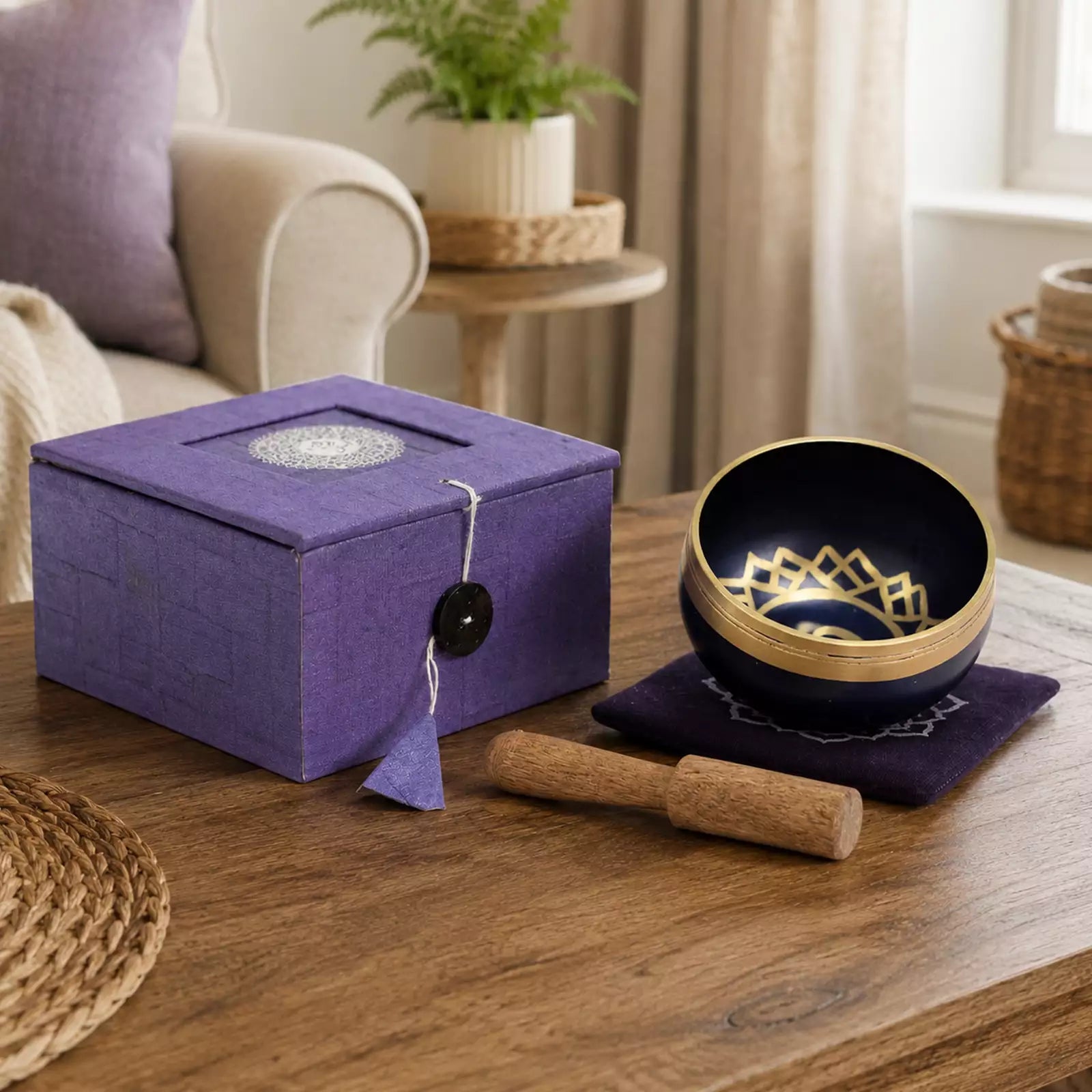 A purple textured gift box with a silver emblem and tassel sits on a wooden table next to a dark blue singing bowl with gold detailing, a wooden mallet, and a matching purple cloth in a cozy living room setting.