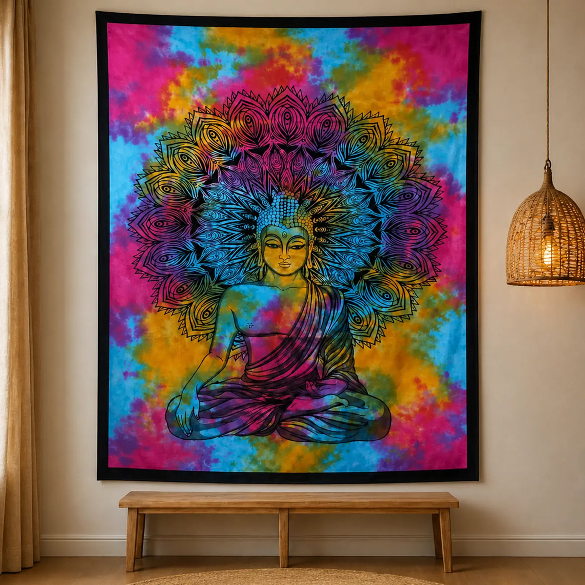 Double Cotton Bedspread + Buddha Wall Hanging Art Canvas - Peaceful Buddha