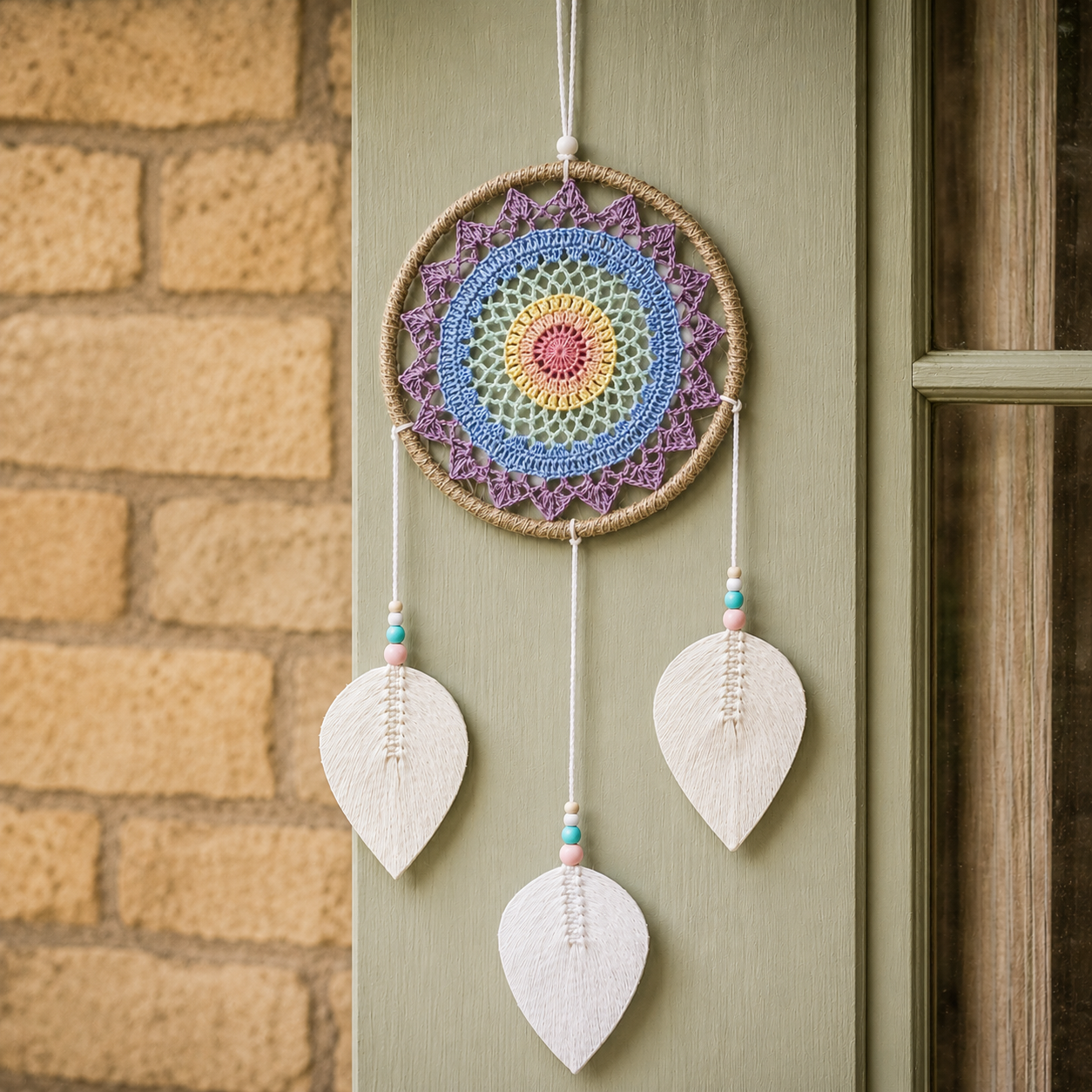 Dream Catcher - Large Multi Elemental Spirits with pastel-colored crochet center and three hanging leaf-shaped ornaments accented by small beads.
