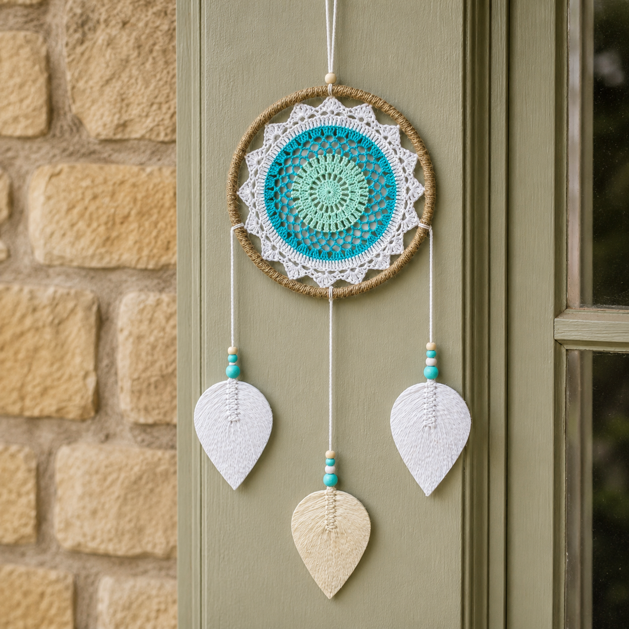 Dream Catcher - Large Turquoise Elemental Spirits featuring a large woven turquoise center with white lace patterns, natural twine frame, and hanging white and beige leaf-shaped accents.
