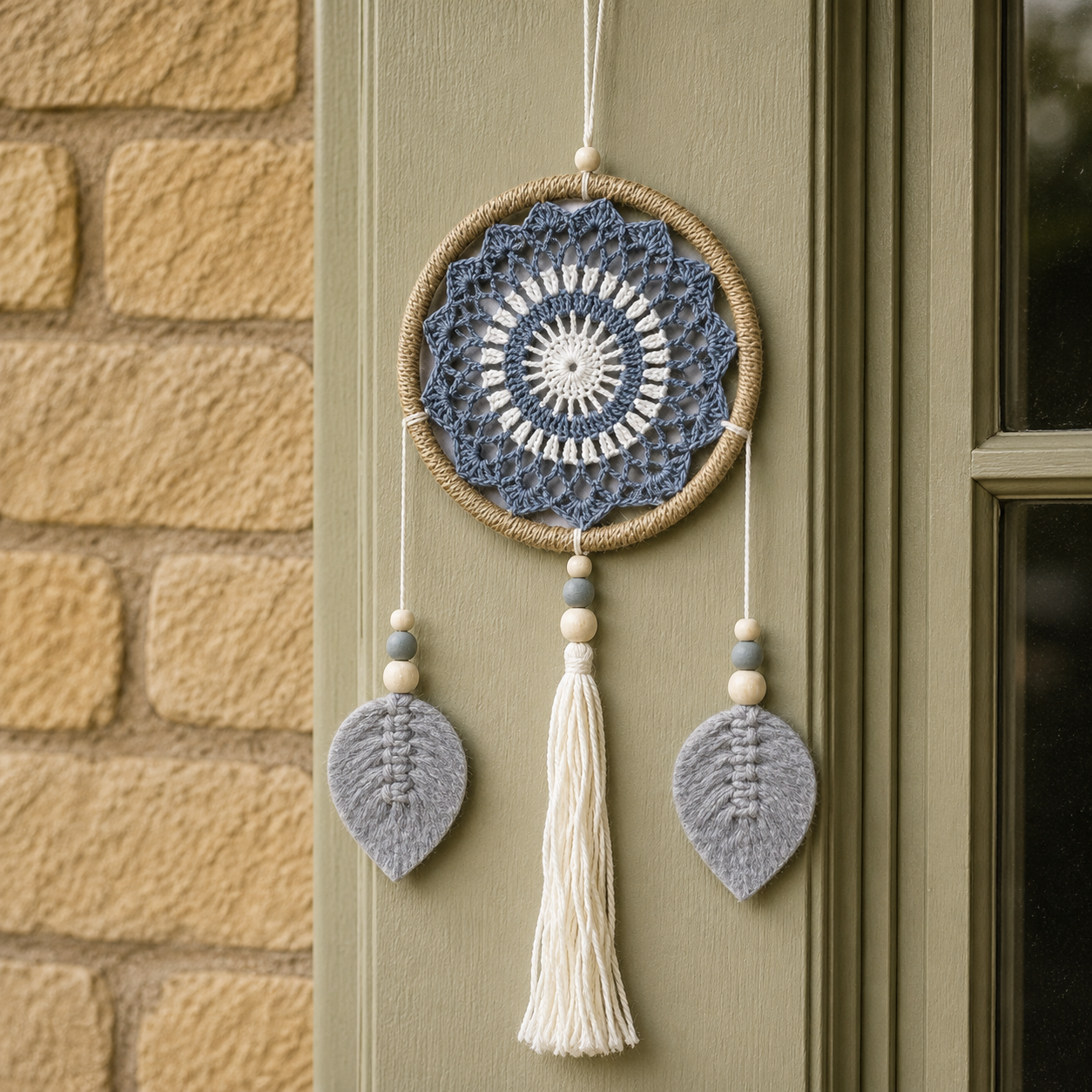 Dream Catcher - Medium Grey Elemental Spirits featuring a round woven grey and white center with natural twine wrapped frame, adorned with hanging grey feather-like ornaments and white tassels.