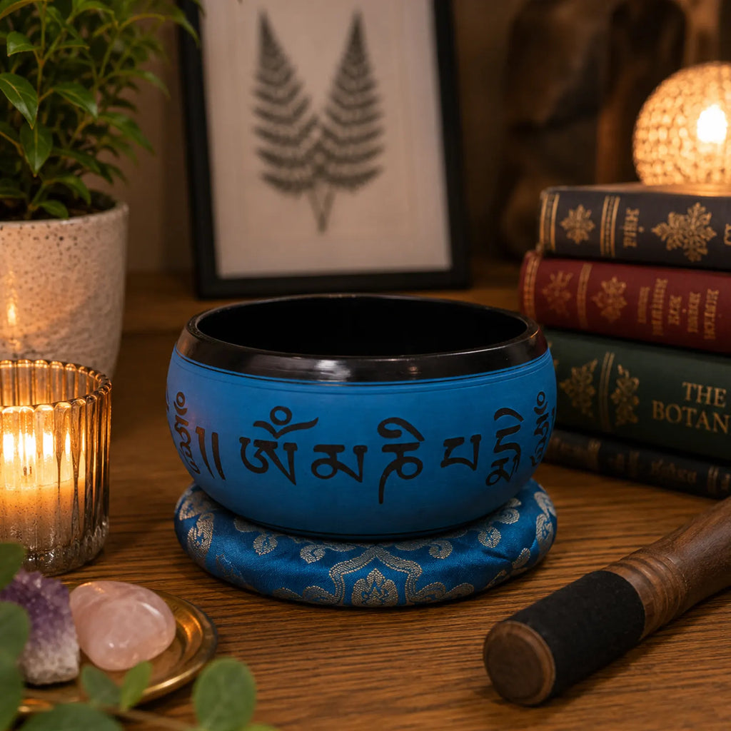 Earth Powder Singing Bowl - Blue Mantra Five Buddha - 16cm