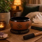 Earth Powder Singing Bowl - Clay Om Buddha - 16cm placed on a decorative cushion with a wooden striker nearby, surrounded by crystals, books, and soft warm lighting.