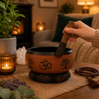 Hand using wooden striker on Earth Powder Singing Bowl - Clay Om Buddha - 16cm with Om symbol and tree designs, placed on decorative cushion in cozy room setting
