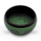 Earth Powder Singing Bowl - Mandala Buddha - 16cm with green exterior and intricate Buddha mandala design inside, perfect for meditation and spiritual decor.