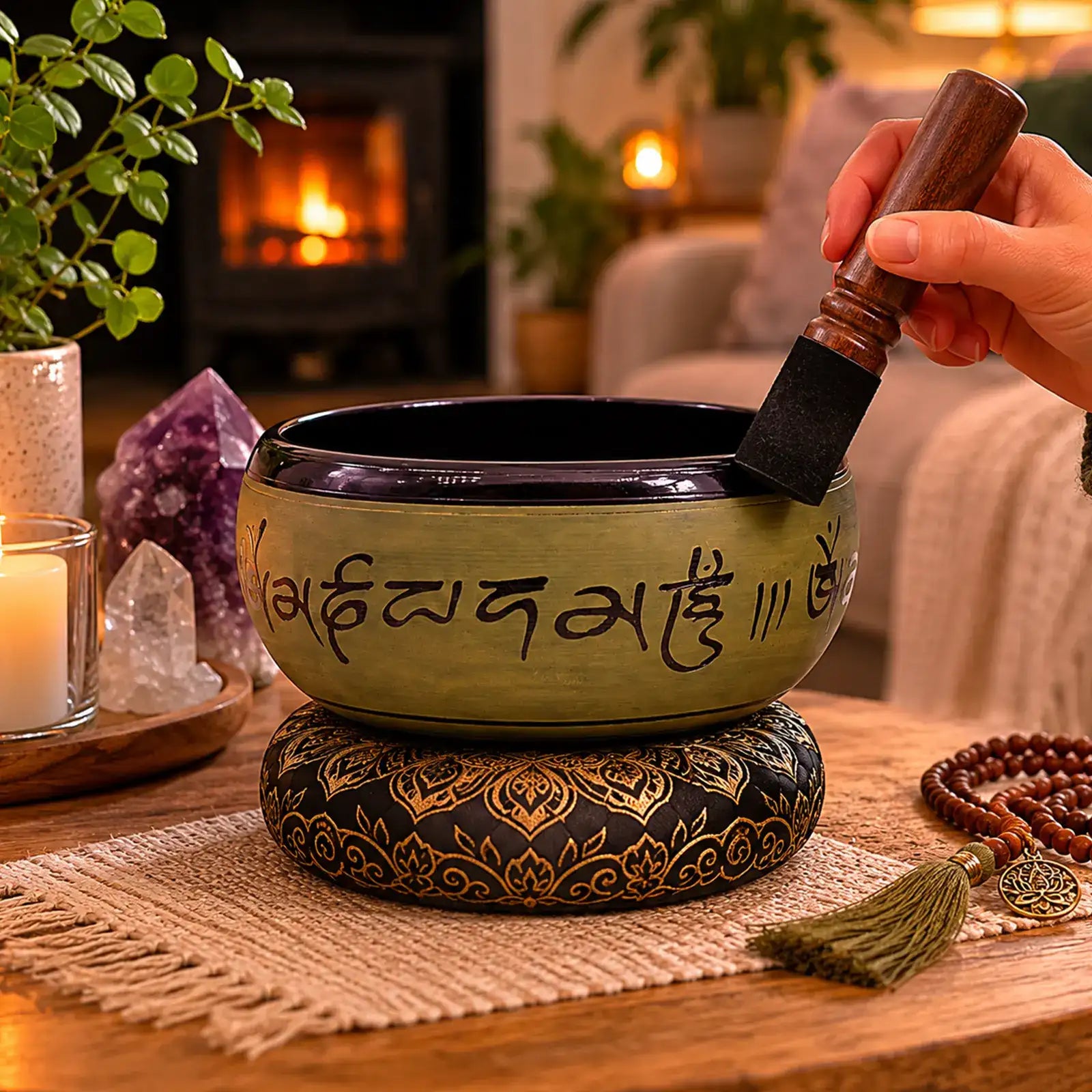Earth Powder Singing Bowl - Mantra Five Buddha - 16cm with engraved mantras, placed on a decorative cushion, held by a hand holding a wooden striker, set in a cozy, warm room with candles and crystals.