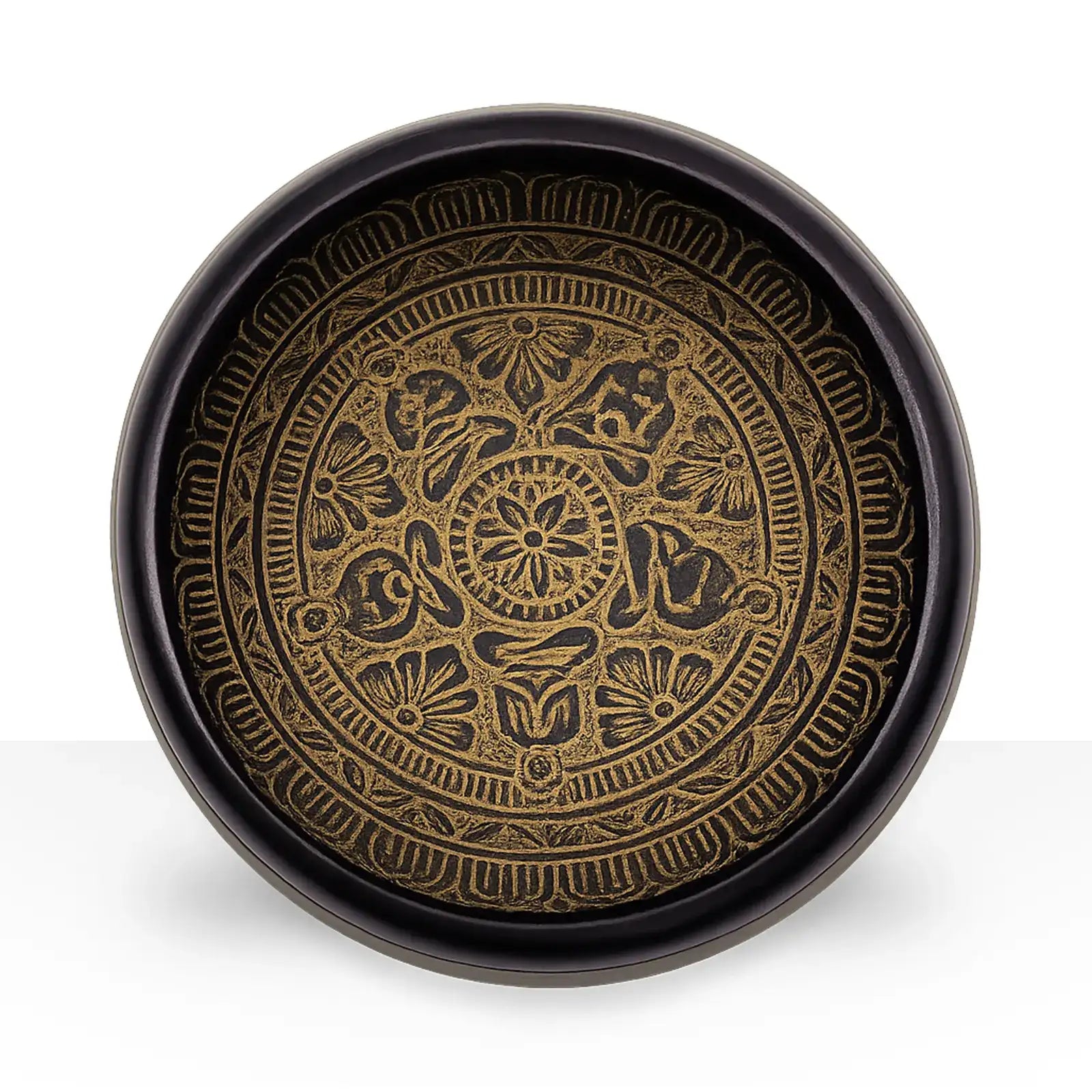 Earth Powder Singing Bowl - Mantra Five Buddha - 16cm featuring intricate golden floral and symbolic patterns etched inside a dark round bowl with a spiritual design.