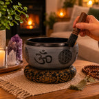 Earth Powder Singing Bowl - Om Five Buddha - 16cm made of metal with engraved Om and sacred symbols, placed on a decorative cushion, used for meditation and sound healing.