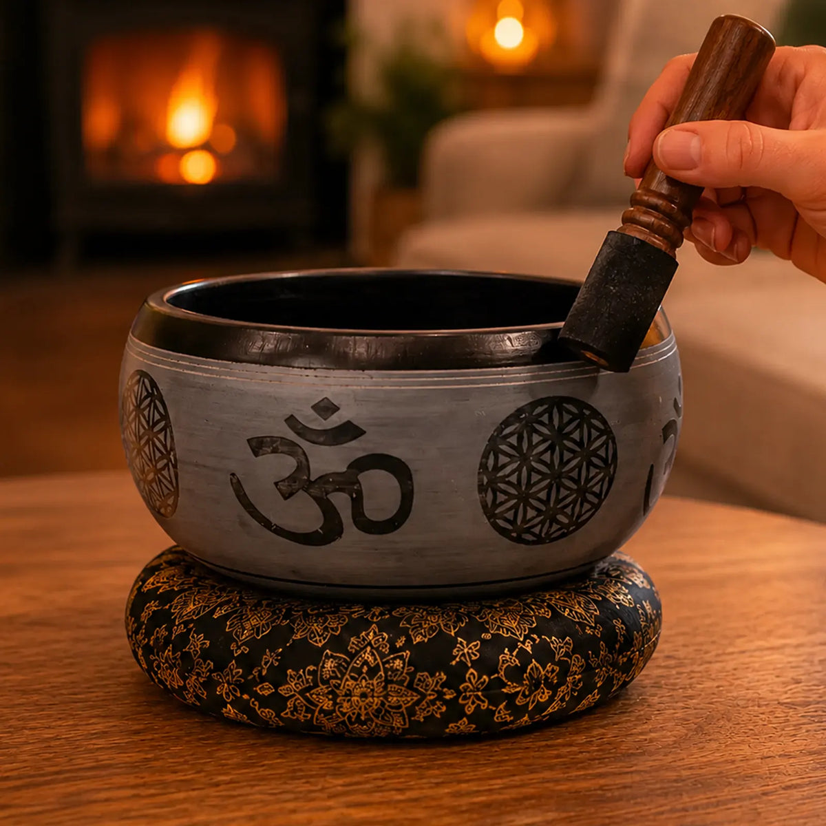 Earth Powder Tibetan Buddhist Singing Bowl - Om Five Buddha - 16cm