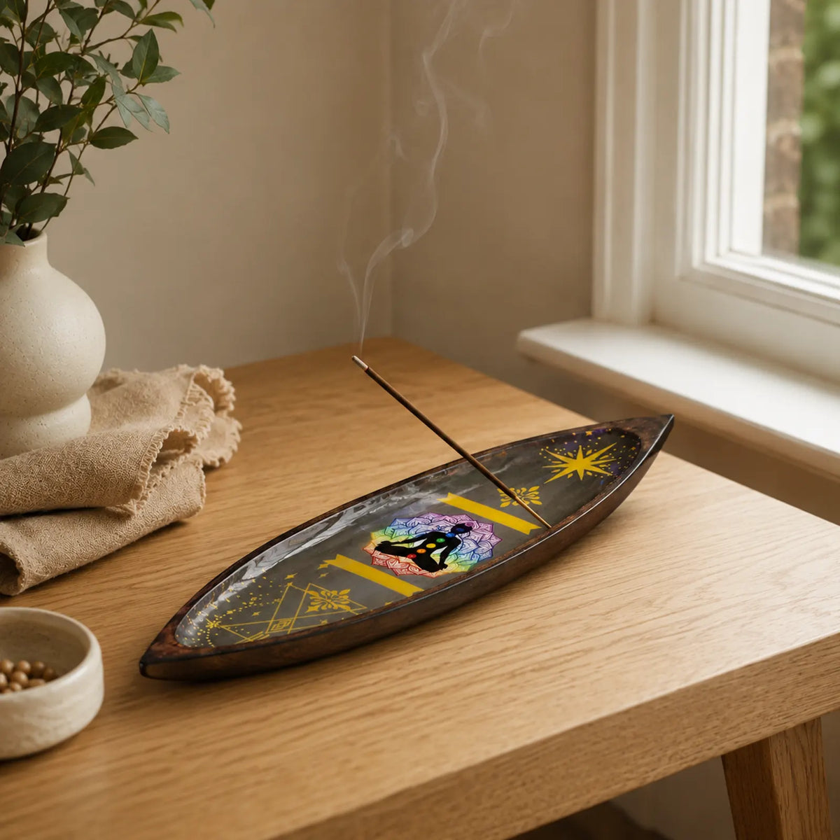 Enamel Incense Bowl - Mango Wood - Chakra