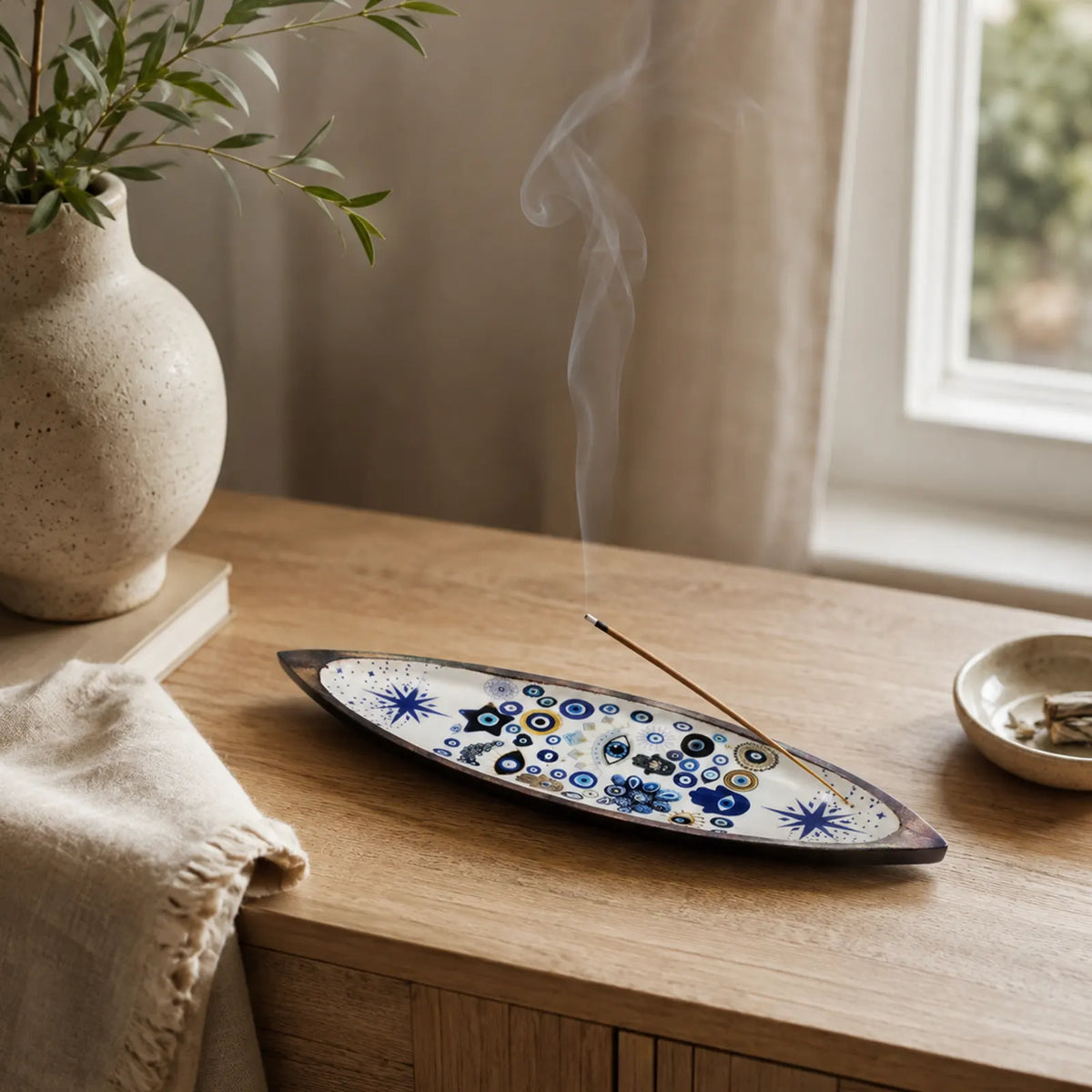 Enamel Incense Bowl - Mango Wood - Evil Eye