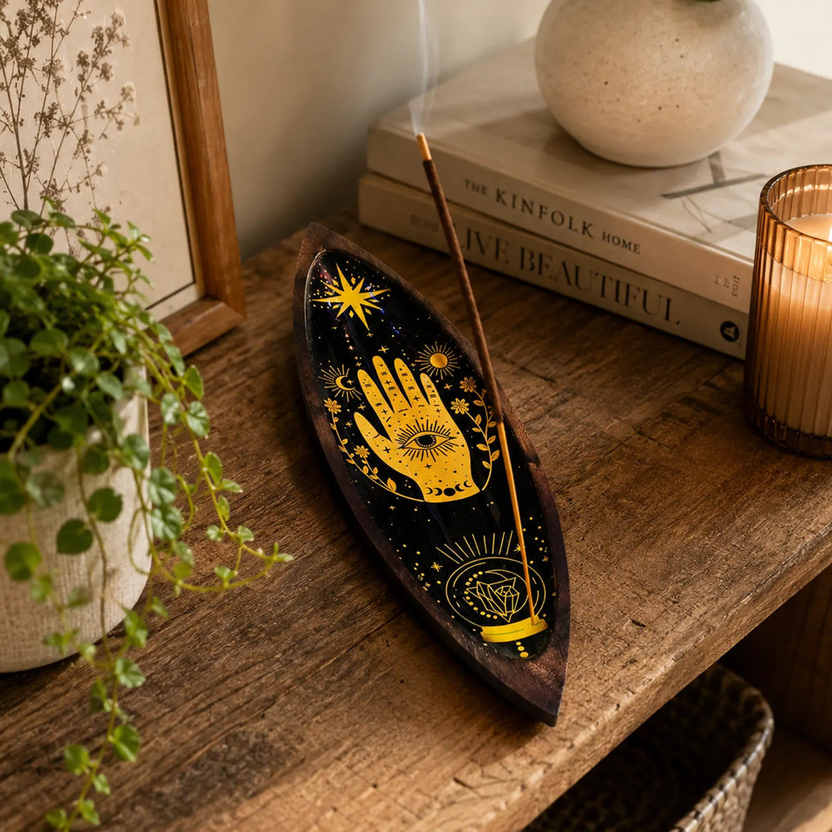 Enamel Incense Bowl - Mango Wood - Hamsa
