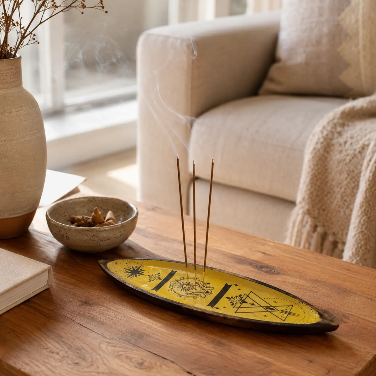 Enamel Incense Bowl - Mango Wood - Hand & Sun