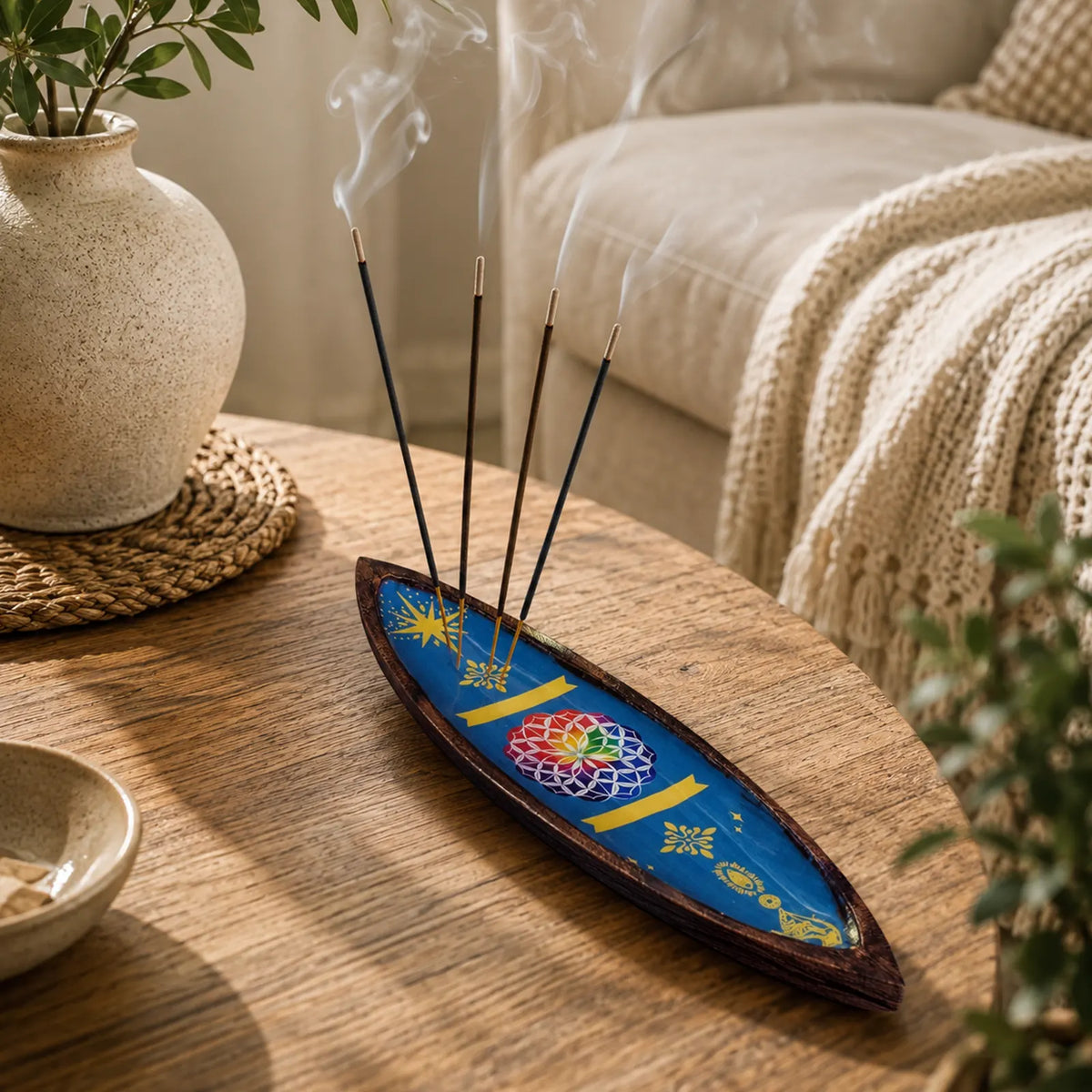 Enamel Incense Bowl - Mango Wood - Mandala