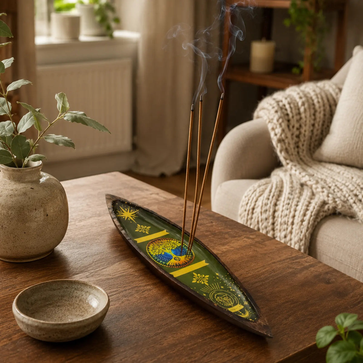 Enamel Incense Bowl - Mango Wood - Tree of Life