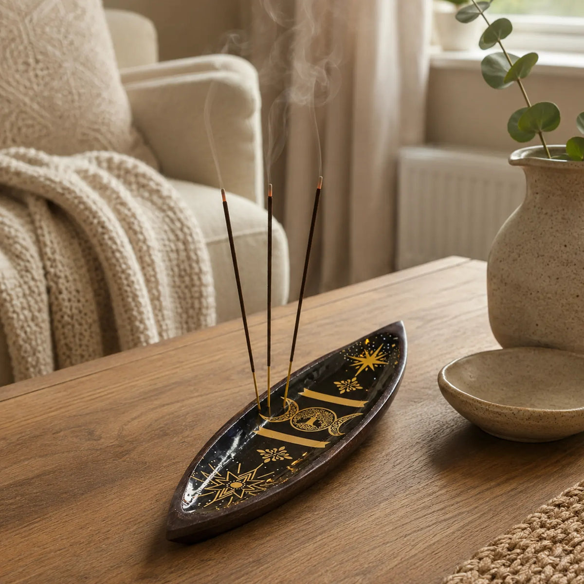 Enamel Incense Bowl - Mango Wood - Triple Moons