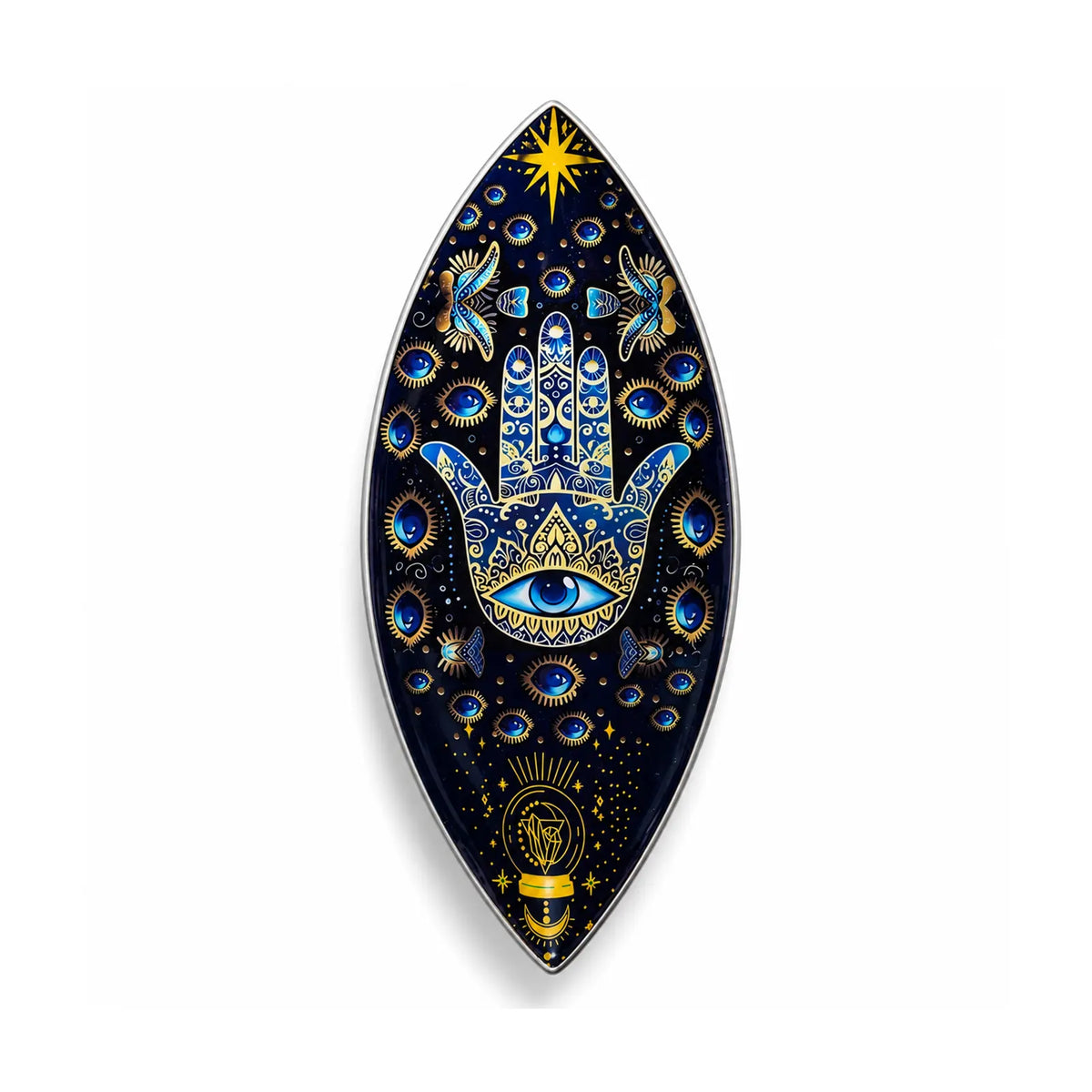 Enamel Incense Bowl - Polished Aluminium - Blue Hamsa