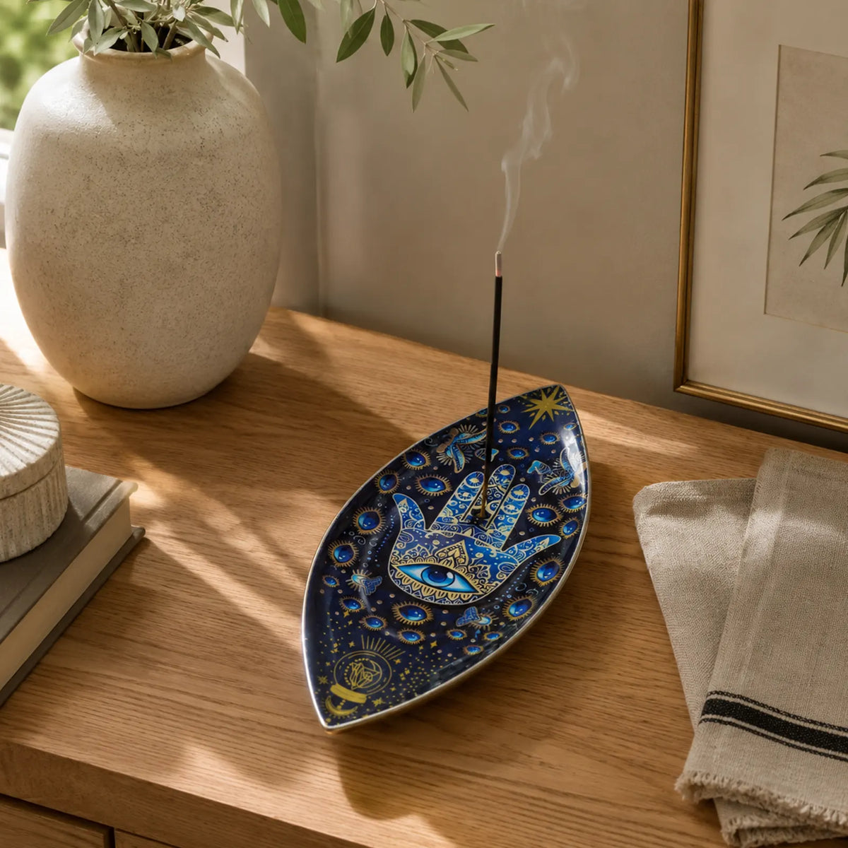 Enamel Incense Bowl - Polished Aluminium - Blue Hamsa