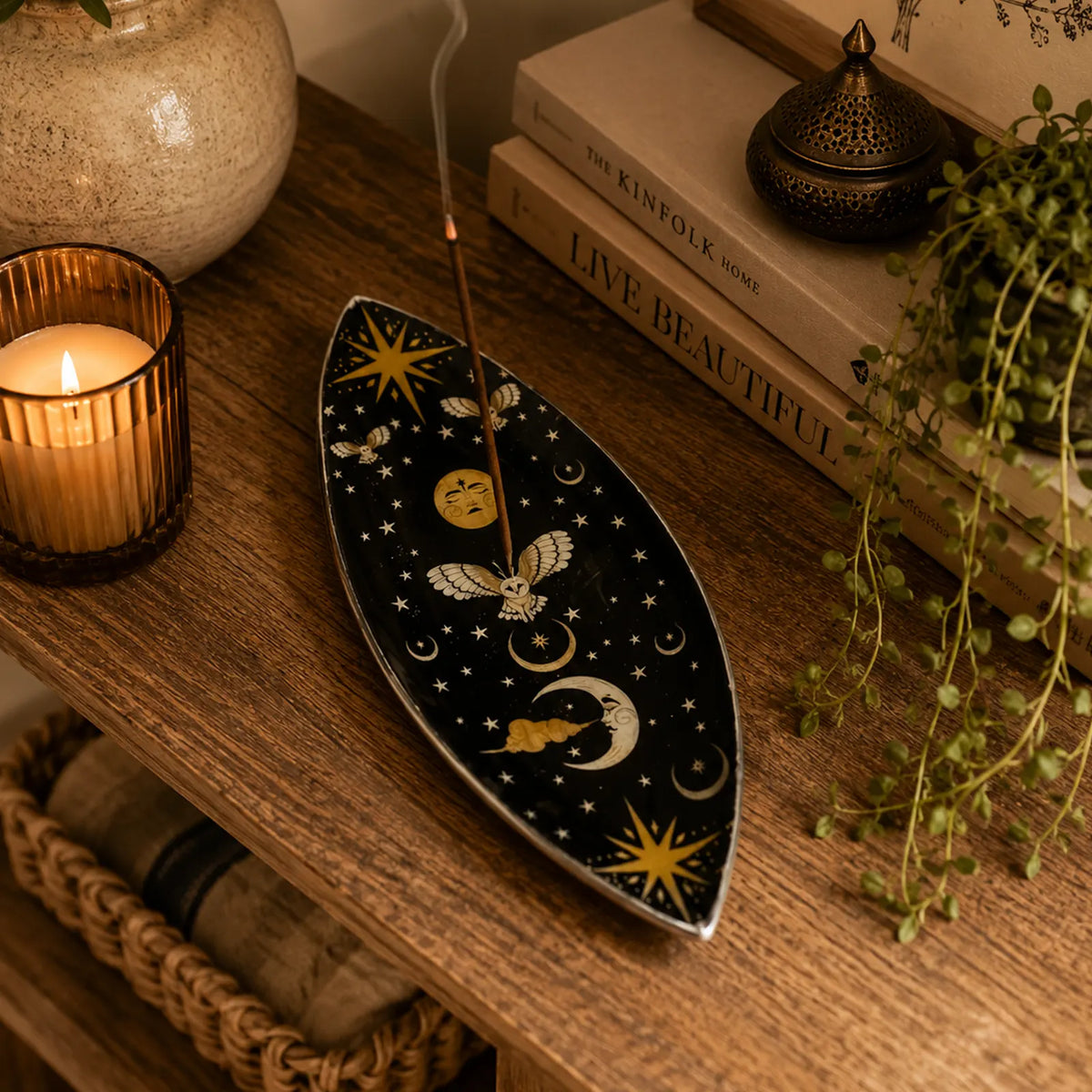 Enamel Incense Bowl - Polished Aluminium - Enchanted Night Owl