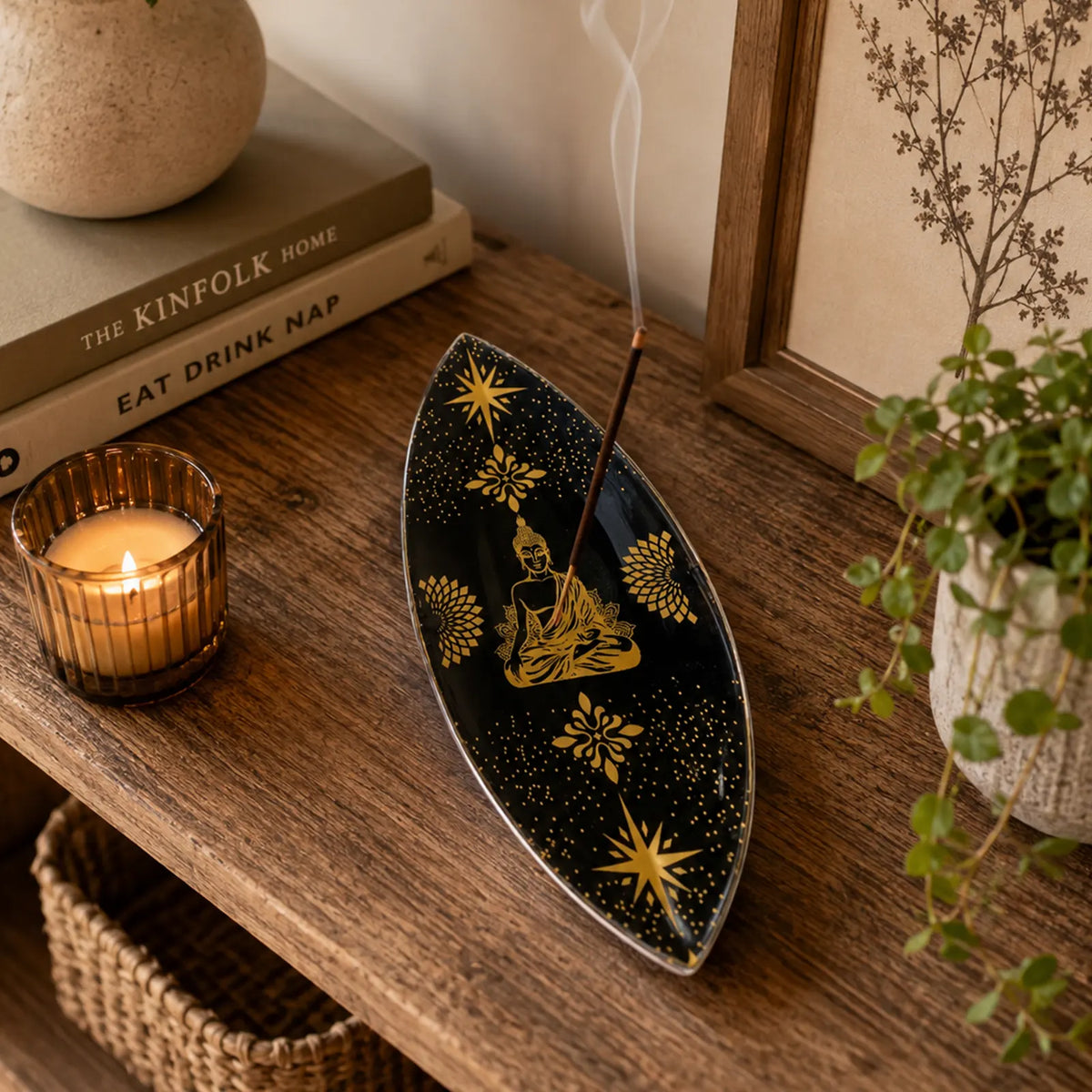 Enamel Incense Bowl - Polished Aluminium - Gold & Black Buddha