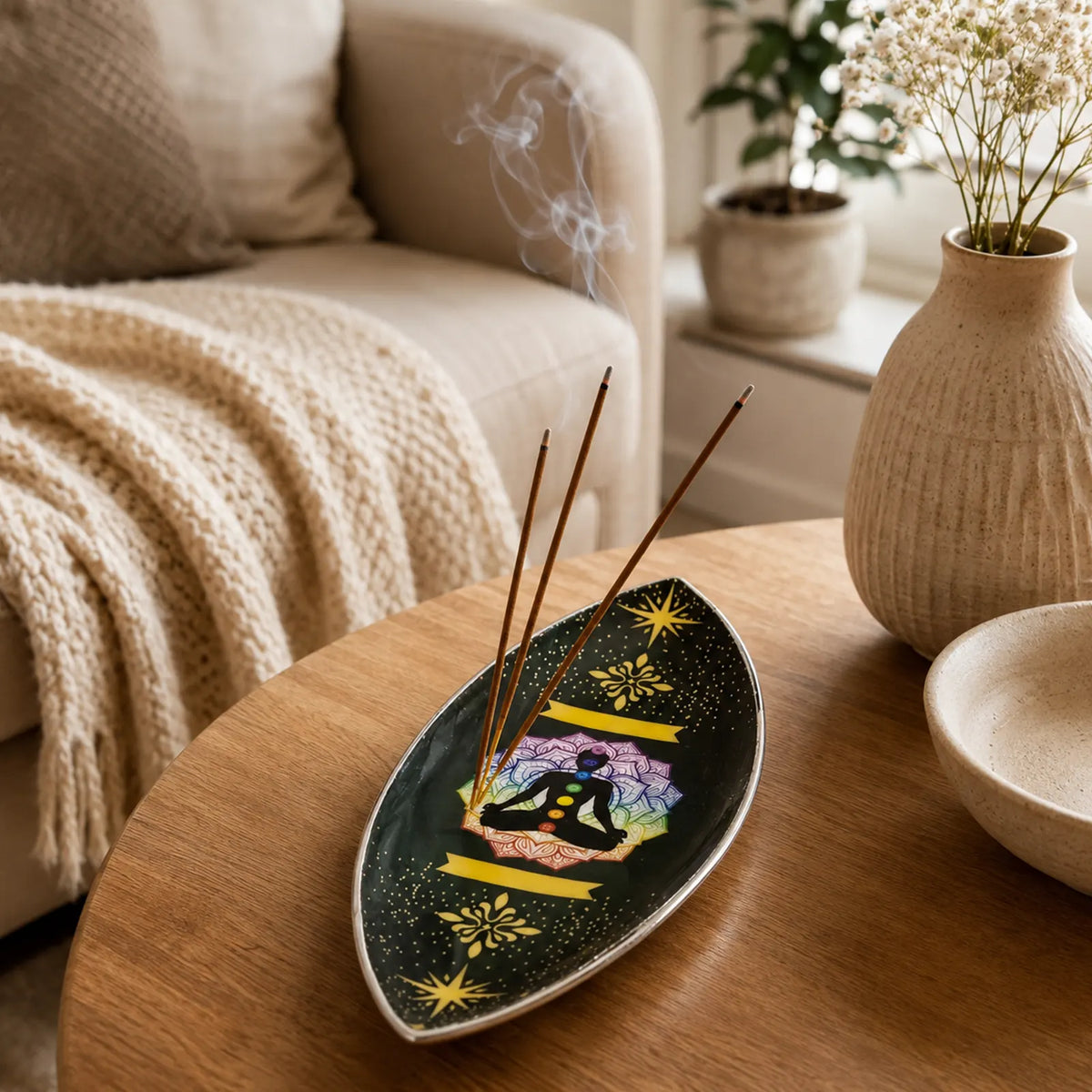 Enamel Incense Bowl - Polished Aluminium - Lotus Buddha Chakra