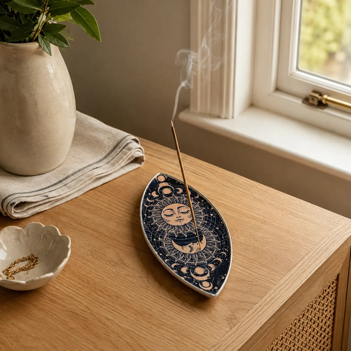 Enamel Incense Bowl - Polished Aluminium - Pink Sun & Moon