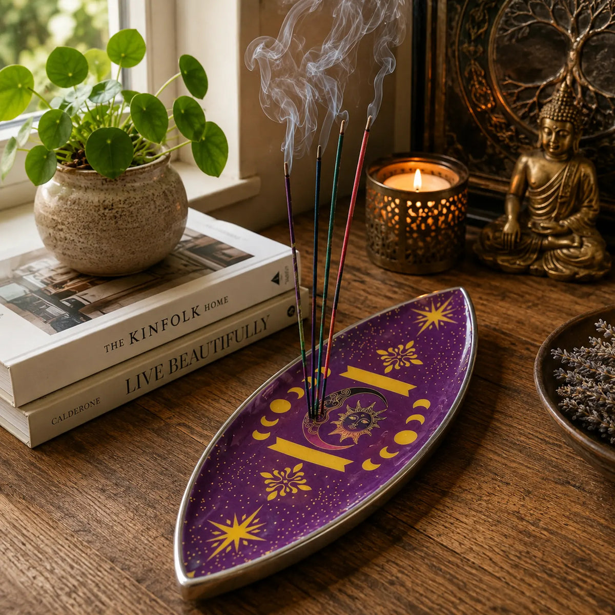 Enamel Incense Bowl - Polished Aluminium - Purple Sun & Moon Phases