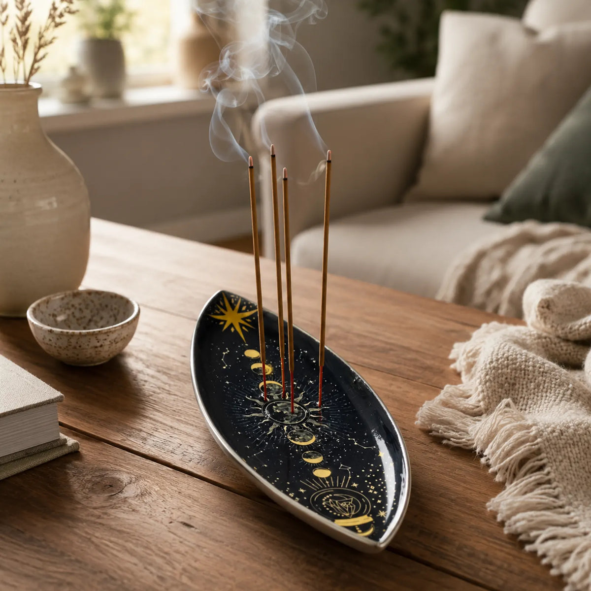 Enamel Incense Bowl - Polished Aluminium - Zodiac Moon Phases