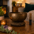 Extra Large Indian Moon Phase Singing Bowl - (approx 1500g) - 22cm placed on a patterned cushion on a wooden table, surrounded by crystals, a lit candle, and a cozy living room setting.