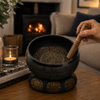 Hand using a wooden mallet to play the Extra Loud - Singing Bowl - One Buddha, a black singing bowl with gold Buddha and decorative patterns, placed on a cushion on a wooden table near a candle and books in a cozy living room.