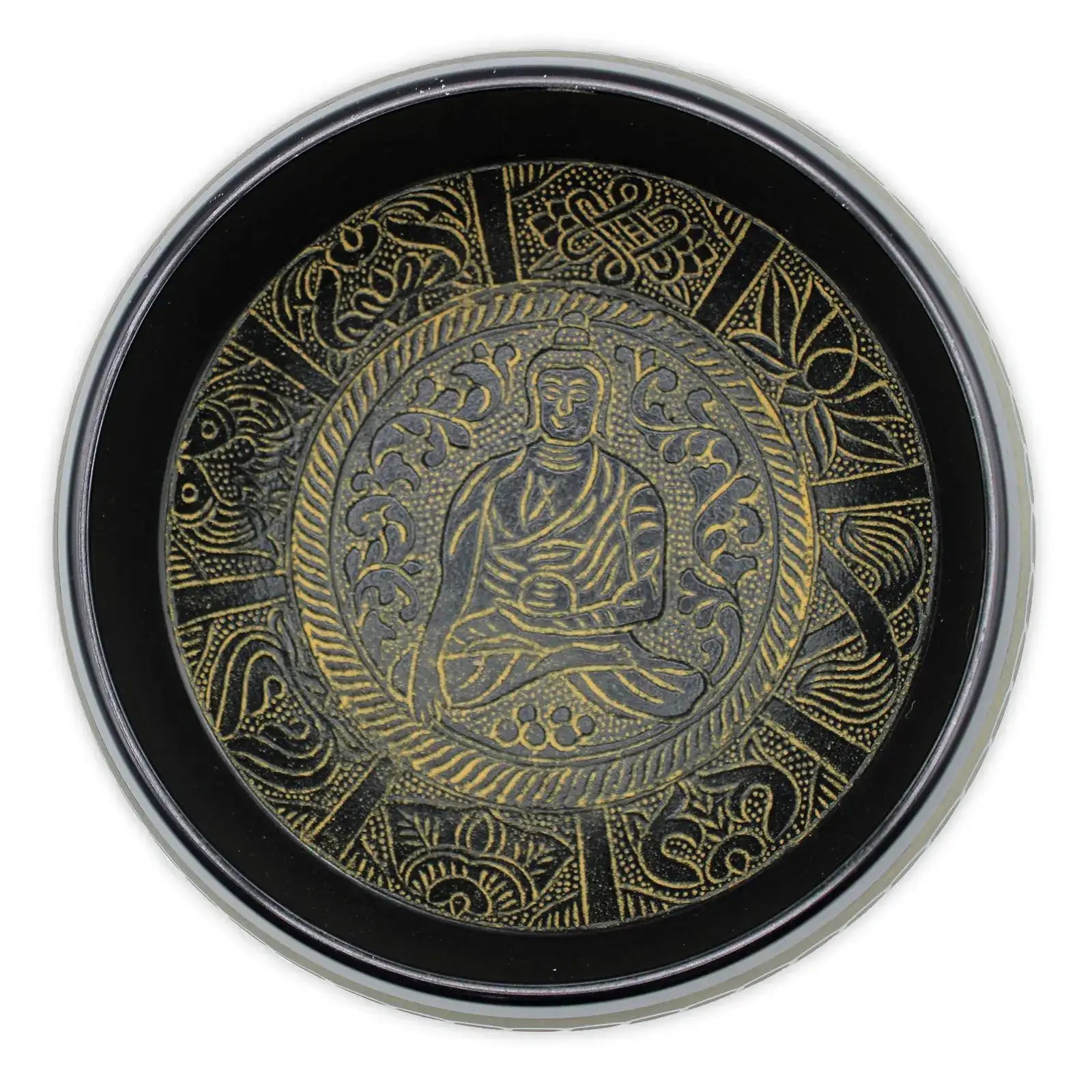 Top-down view of a black and gold singing bowl featuring a detailed brass Buddha figure surrounded by intricate traditional patterns, named Extra Loud - Singing Bowl - One Buddha.