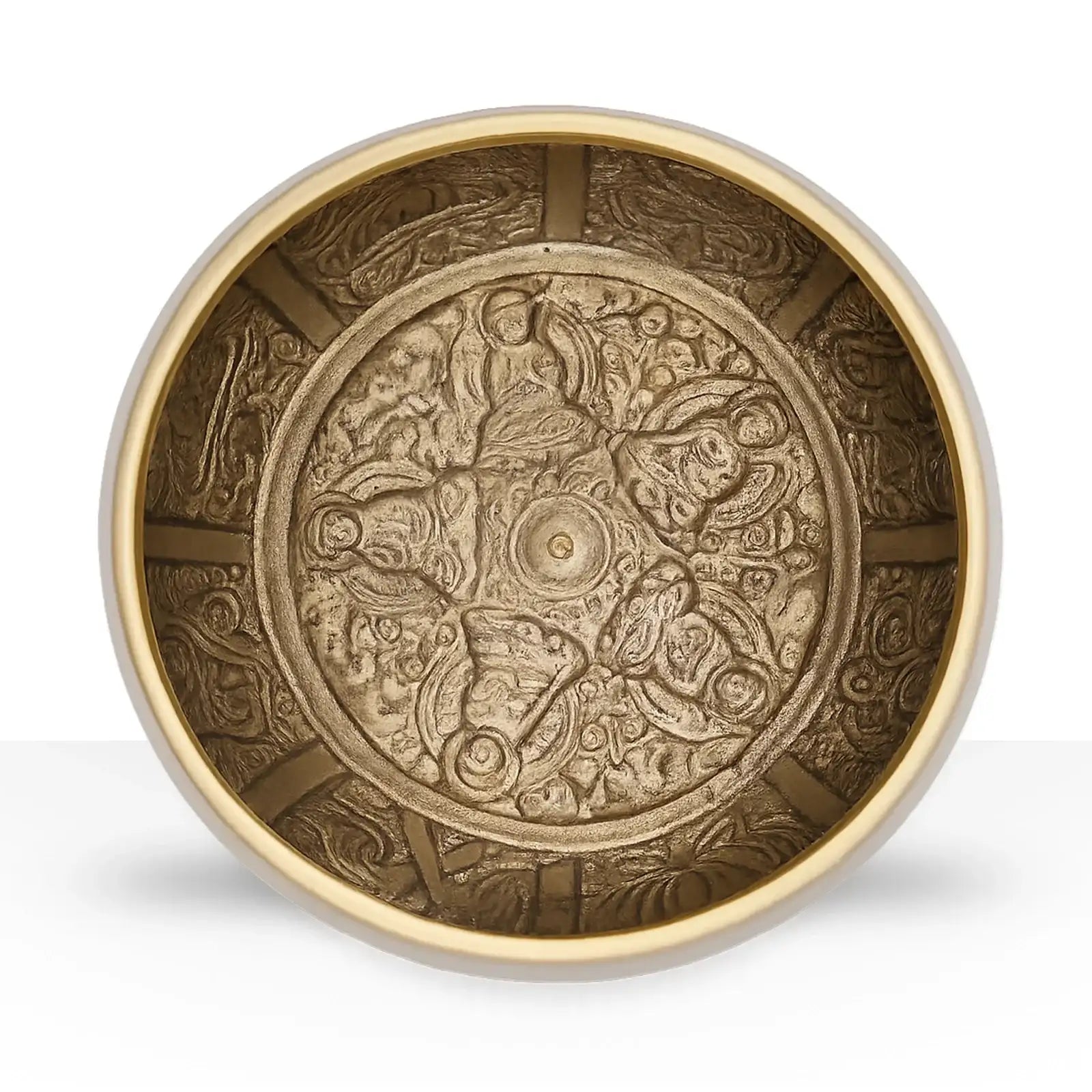 Five Buddha Singing Bowl featuring intricate engraved brass figures of five Buddhas in a circular pattern with detailed traditional motifs on the inner surface.