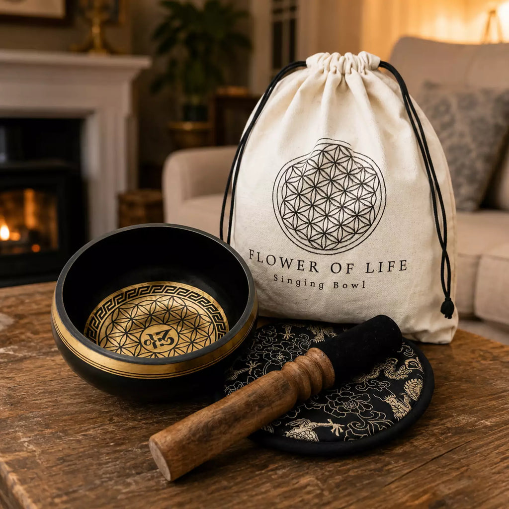 A black singing bowl with a gold-toned interior pattern, shown with a wooden mallet and a cream drawstring bag printed with the Flower of Life and the text 'FLOWER OF LIFE Singing Bowl.' The scene is set on a wooden table in a softly lit living room with a fireplace and sofa in the background.