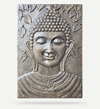 Large Buddha Iron Frame Antique Gold Relief - 0.7x1m featuring a serene Buddha face with closed eyes, detailed curls, and a lotus flower, surrounded by intricate leaf patterns.