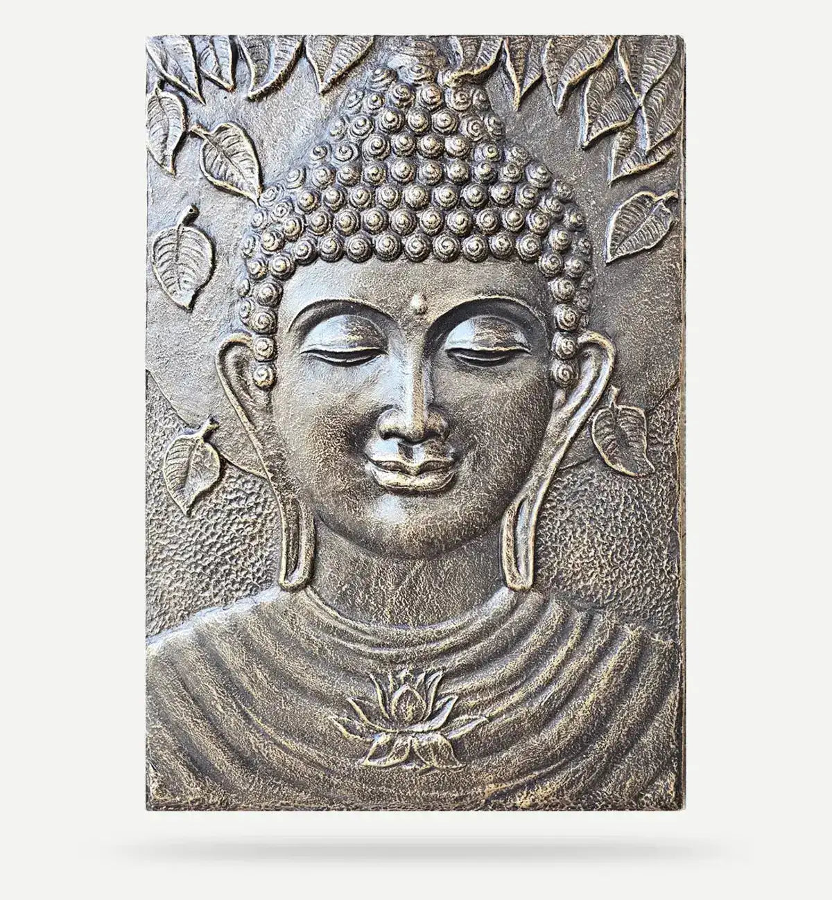 Large Buddha Iron Frame Antique Gold Relief - 0.7x1m featuring a serene Buddha face with closed eyes, detailed curls, and a lotus flower, surrounded by intricate leaf patterns.
