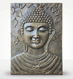 Large Buddha Iron Frame Antique Gold Relief - 0.7x1m showcasing a serene Buddha face with closed eyes, textured curls, and lotus flower with leaves in antique gold finish.