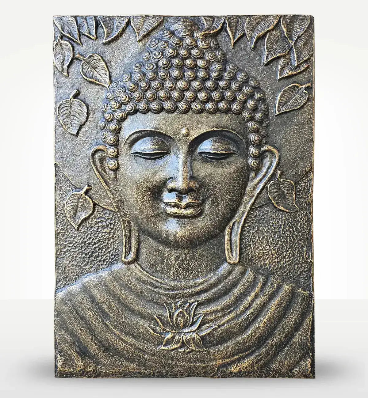 Large Buddha Iron Frame Antique Gold Relief - 0.7x1m showcasing a serene Buddha face with closed eyes, textured curls, and lotus flower with leaves in antique gold finish.