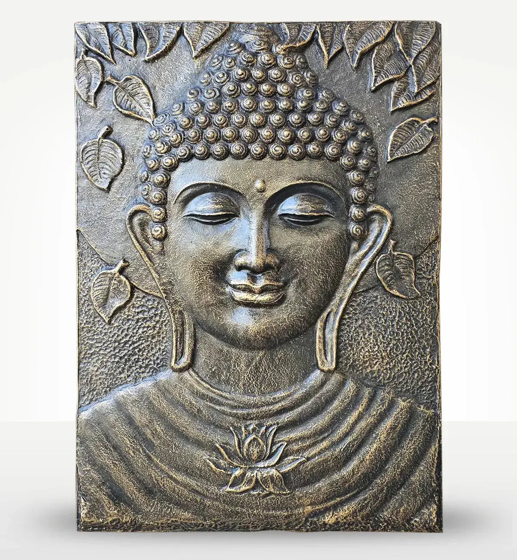 Large Buddha Iron Frame Antique Gold Relief - 0.7x1m featuring a serene Buddha face with intricate leaf patterns and a lotus flower detail in antique gold finish.