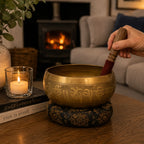 Ganesh Singing Bowl crafted from brass with intricate engravings, placed on a decorative cushion with a wooden striker beside a lit candle and cozy living room setting.